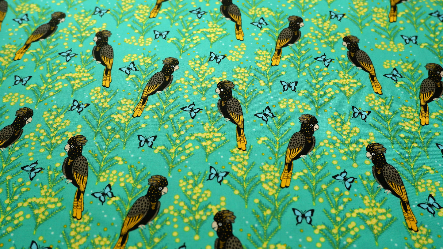 Cotton Fabric - Outback Beauty - Yellow Tailed Black Cockatoo on Green