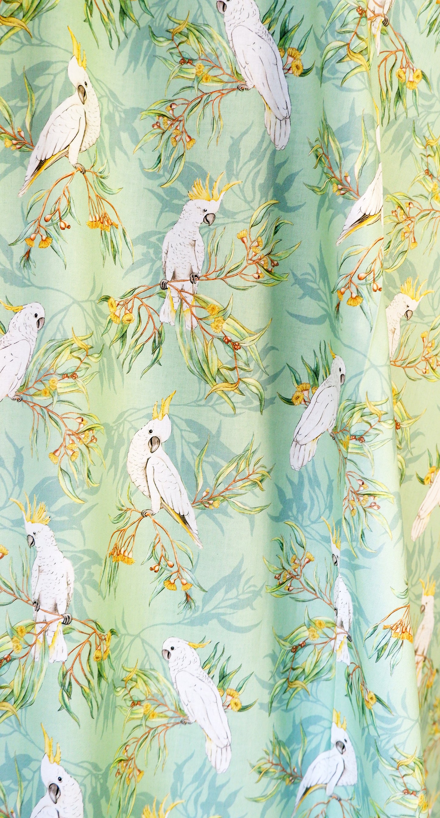 Cotton Fabric - Gumtree friends - White cockatoo on Green - Michelle Holik