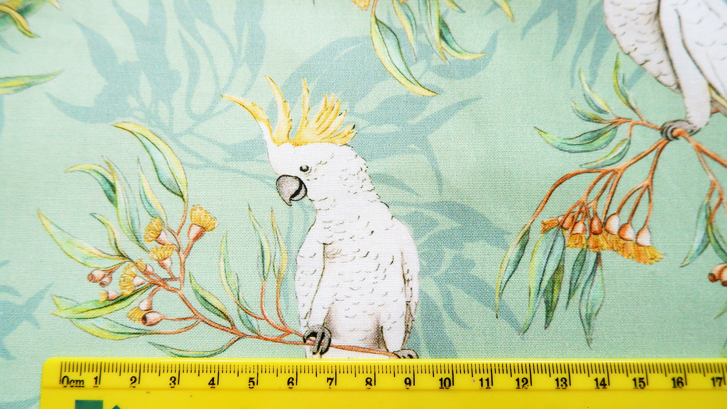 Cotton Fabric - Gumtree friends - White cockatoo on Green - Michelle Holik