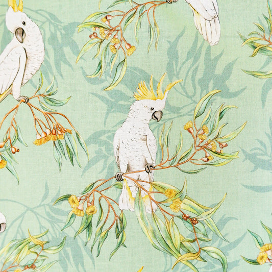 Cotton Fabric - Gumtree friends - White cockatoo on Green - Michelle Holik