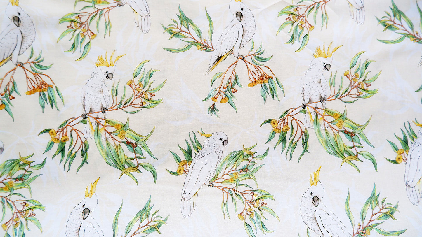 Cotton Fabric - Gumtree friends - White cockatoo on Yellow - Michelle Holik
