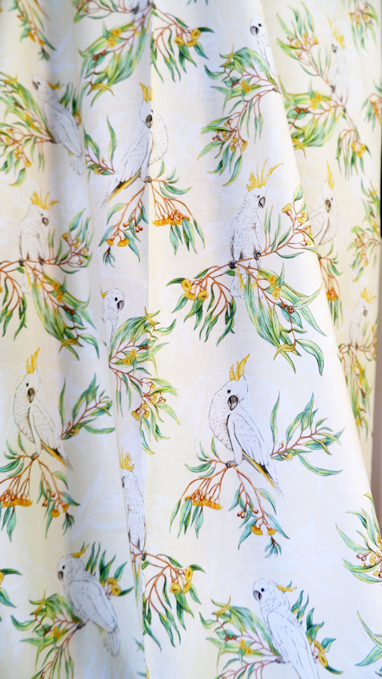 Cotton Fabric - Gumtree friends - White cockatoo on Yellow - Michelle Holik
