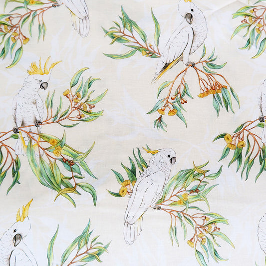 Cotton Fabric - Gumtree friends - White cockatoo on Yellow - Michelle Holik