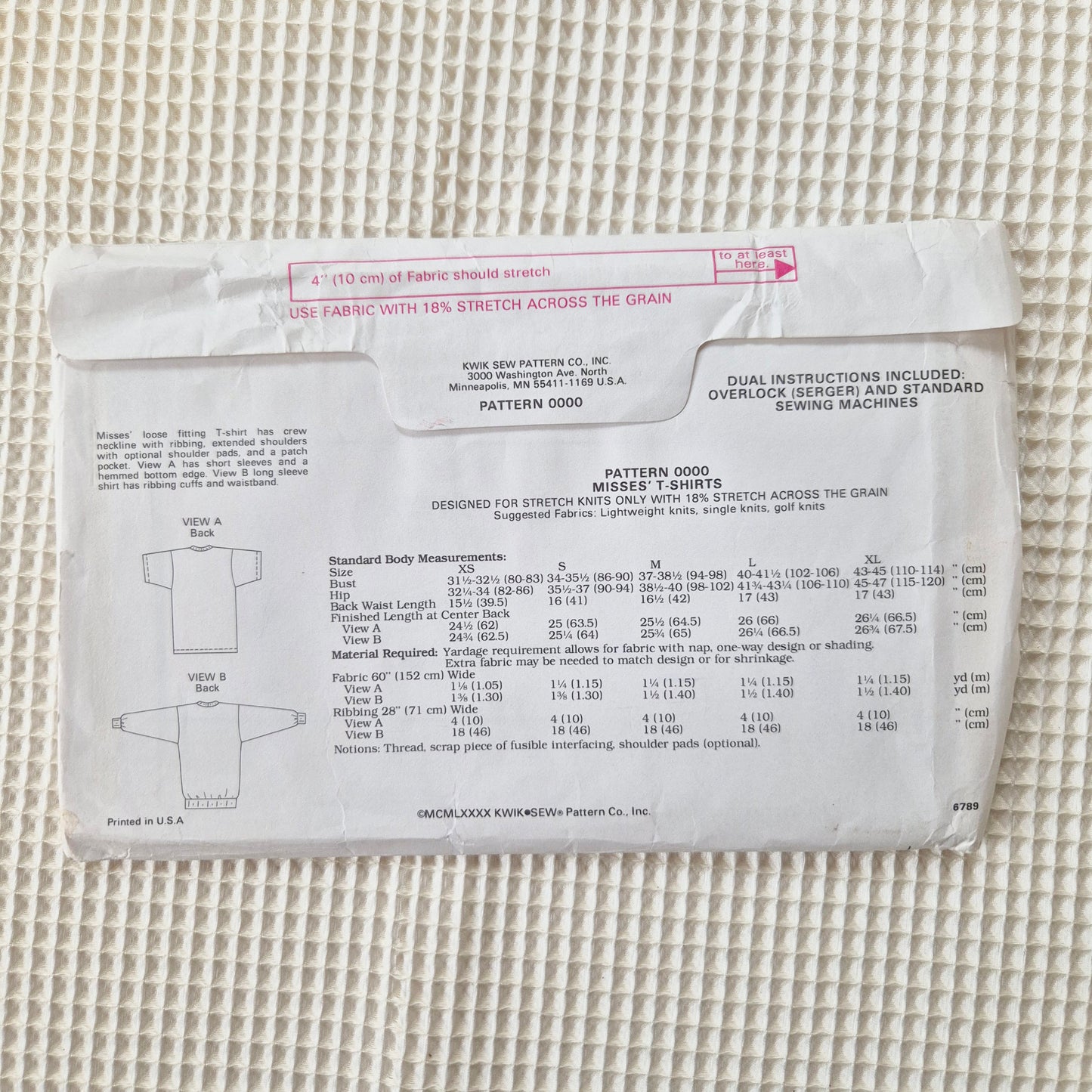 Kwik Sew 0000, t-shirt pattern. Sizes XS to XL