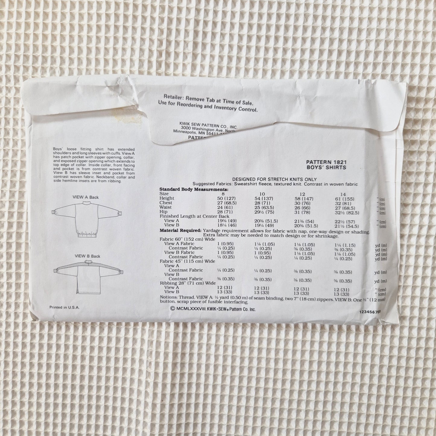Kwik Sew 1821, Boys shirt pattern. Sizes 8 - 14