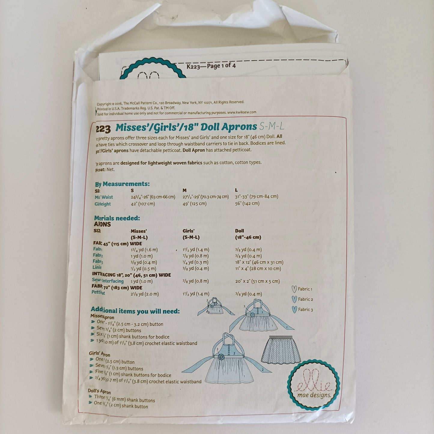 Ellie Mae Designs K223, Misses', Girls' and 18" Doll aprons pattern
