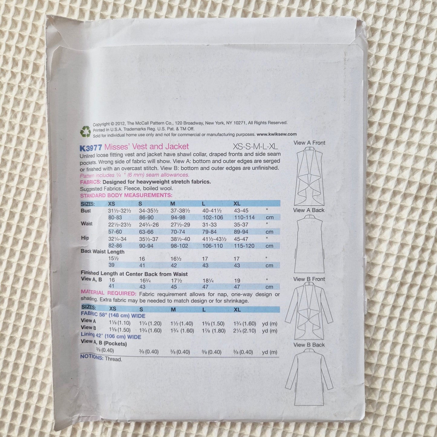Kwik Sew K3977, misses vest and jacket pattern. Sizes XS to XL