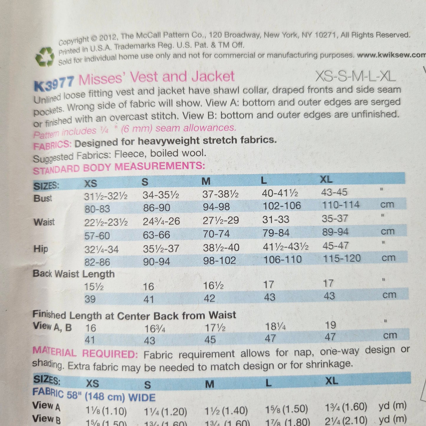 Kwik Sew K3977, misses vest and jacket pattern. Sizes XS to XL