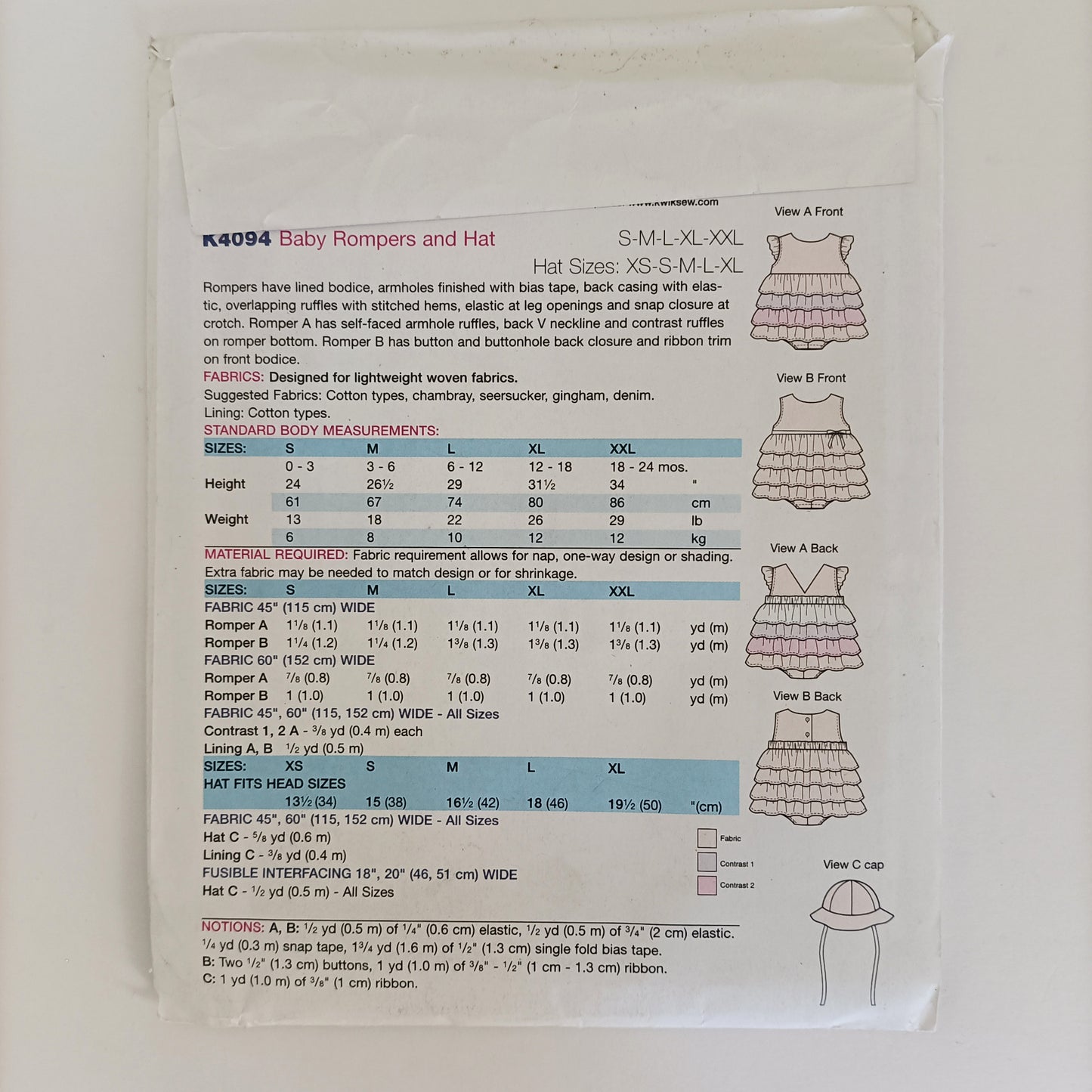Kwik Sew K4094, Baby rompers and hat pattern, sizes newborn to 24 months