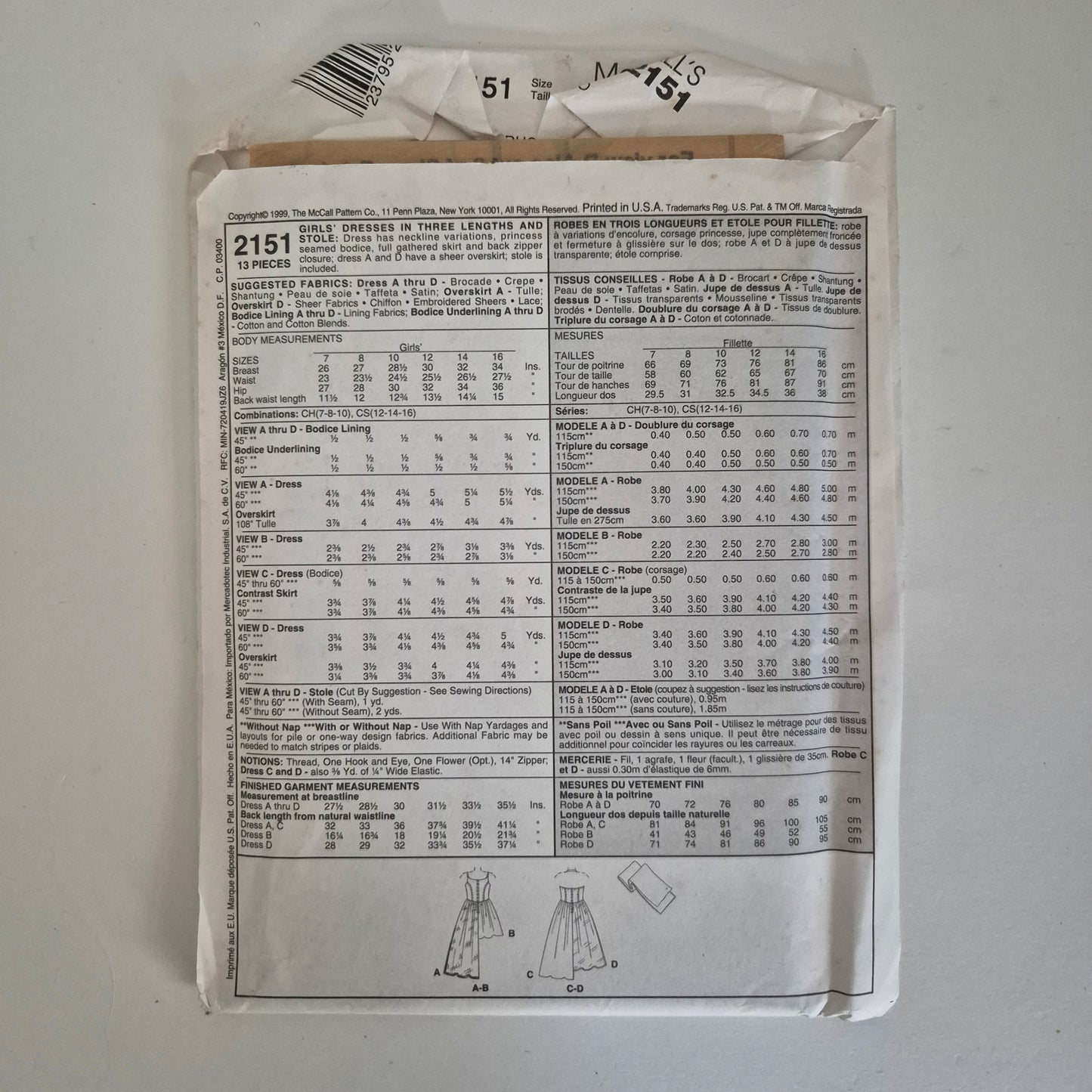 McCall's 2151, girls stole and dress pattern, size 7 to 10