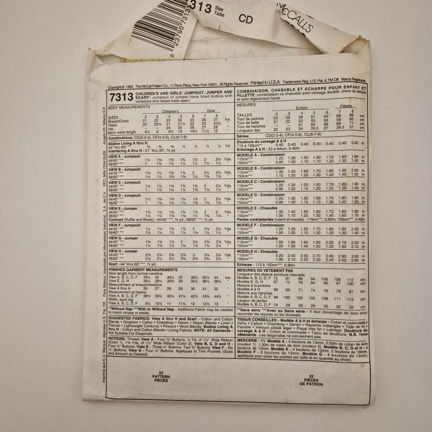 McCall's 7313, Children's jumpsuit jumper and scarf pattern, Sizes 2 - 4