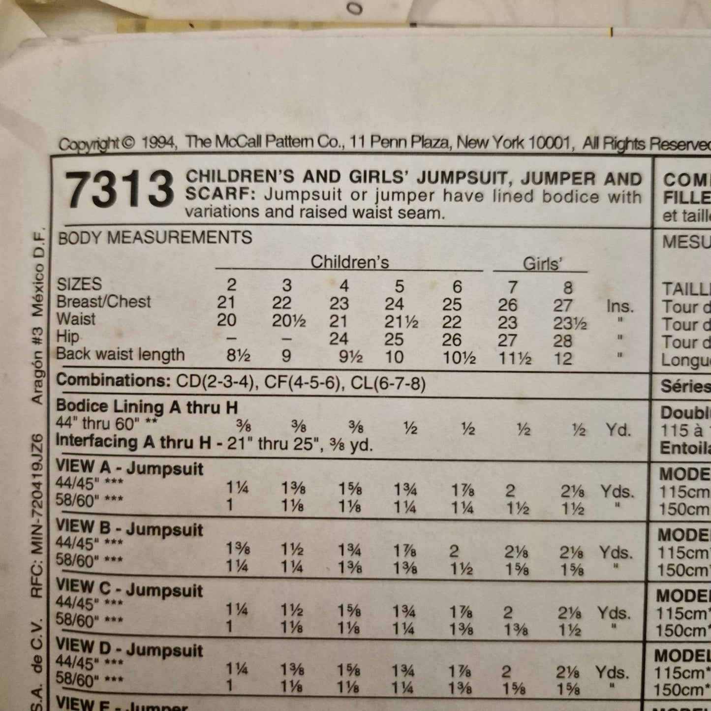 McCall's 7313, Children's jumpsuit jumper and scarf pattern, Sizes 2 - 4