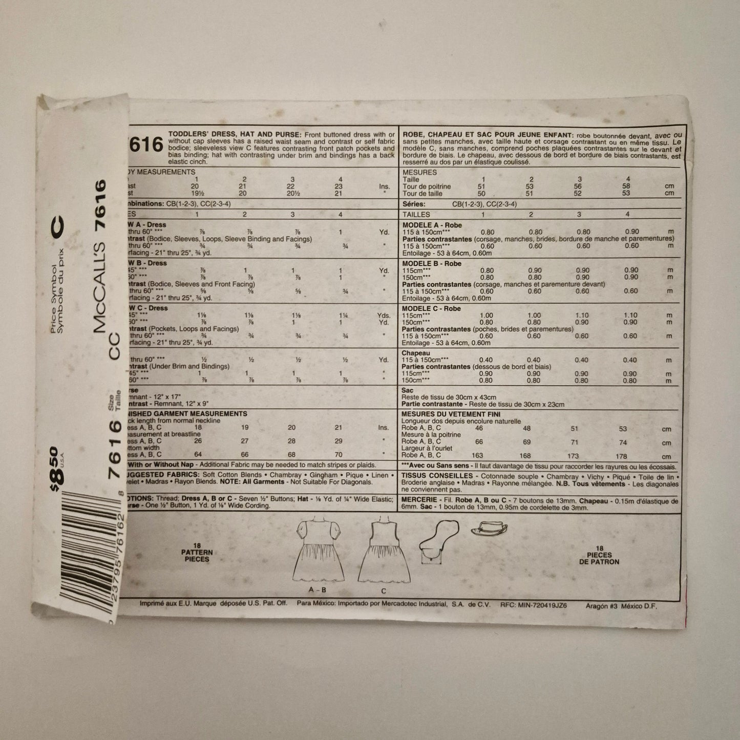 McCall's 7616, Toddlers' dress hat and purse pattern, Sizes 2 - 4