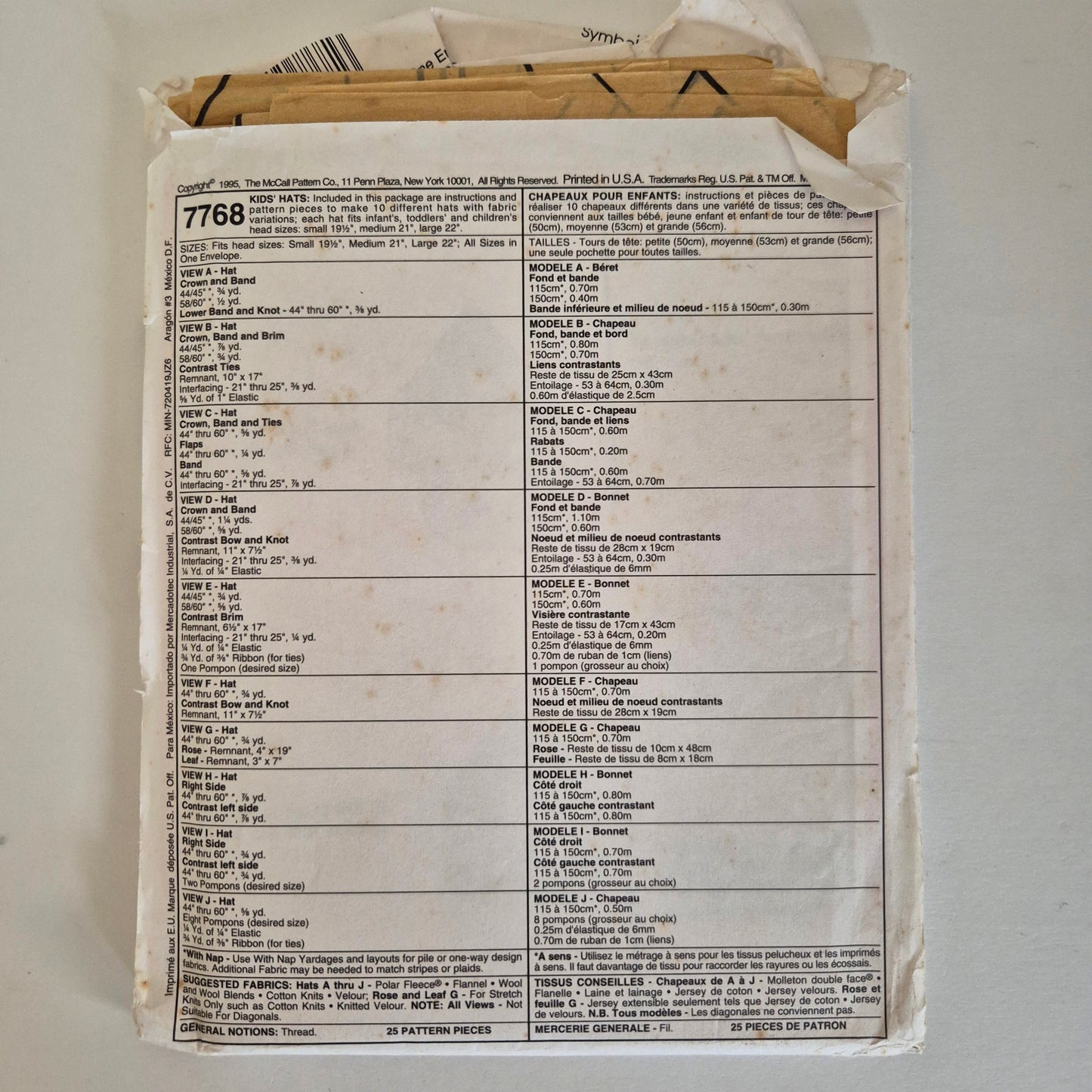 McCall's 7768, Kids' hats pattern, partially cut