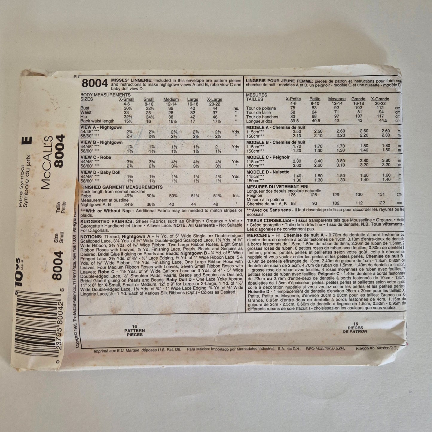 McCall's 8004, Lingerie pattern, Size Small 8 - 10
