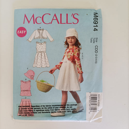 McCalls M6914, Girls' jacket top dress skirt and hat pattern, Size 2 to 5