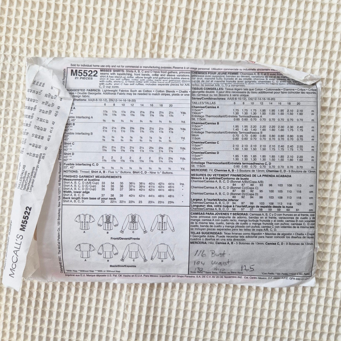 McCall's M5522, Shirt pattern, Sizes 12 - 20