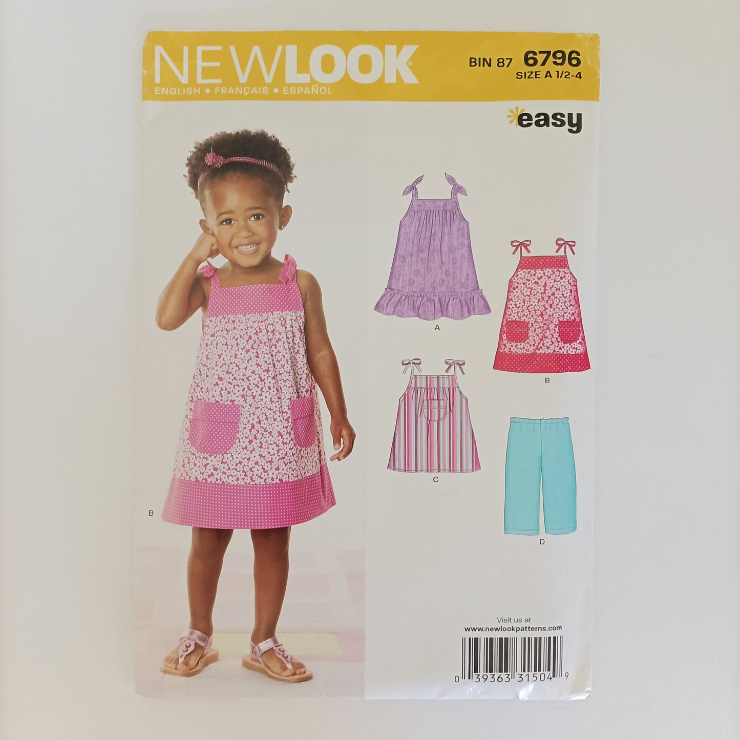New Look 6796, girls top dress and pants pattern, Sizes 1/2 to 4