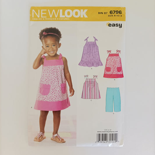 New Look 6796, girls top dress and pants pattern, Sizes 1/2 to 4