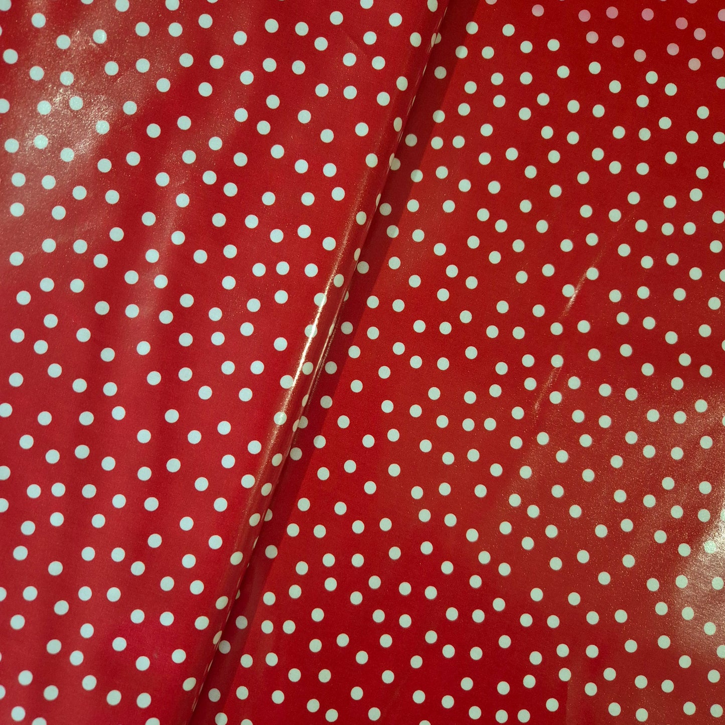 Laminated Cotton - Red with White Dots - Water Damage - 145cm remnant - Fabric Rescue