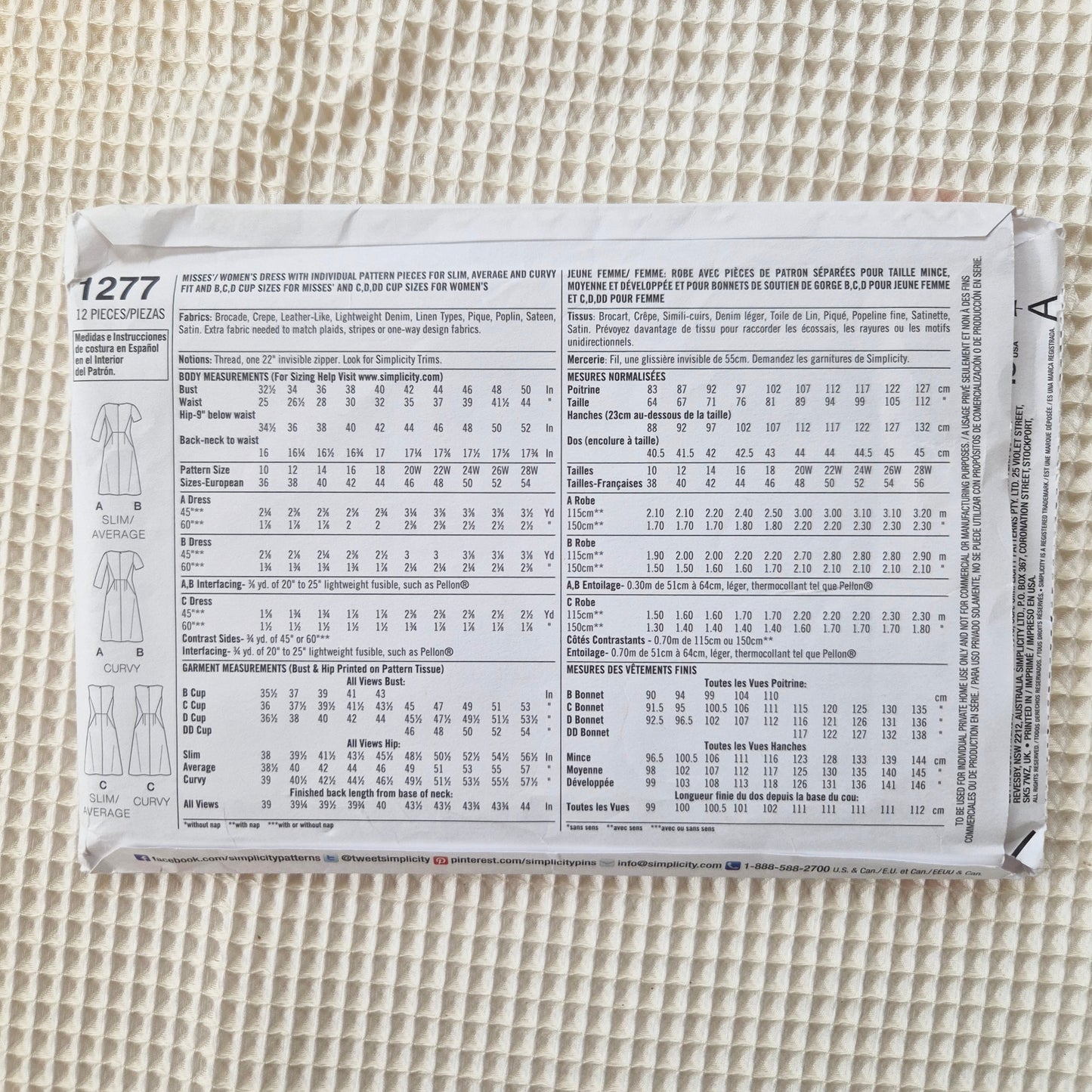 Simplicity 1277, dress pattern, sizes 10 - 18