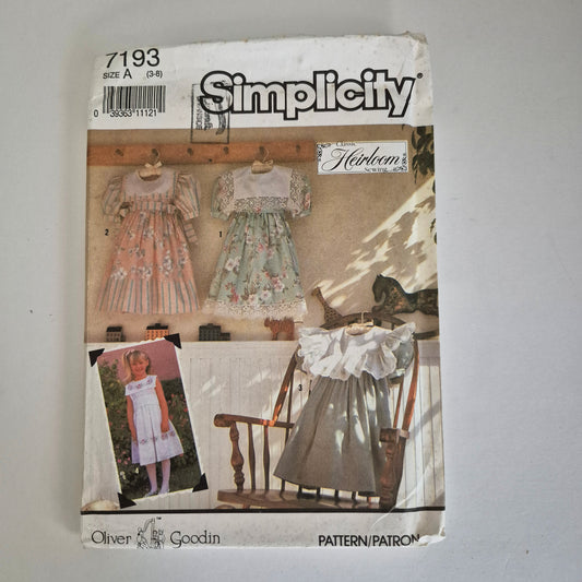 Simplicity 7193, girls dress pattern, sizes 3 to 8
