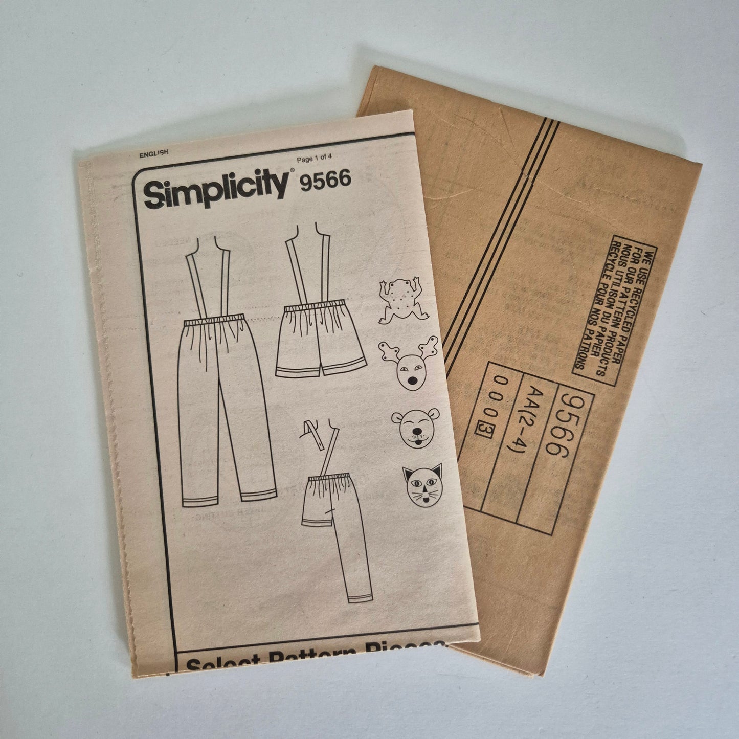 Simplicity 9566, Childs Overalls, Sizes 2 to 4