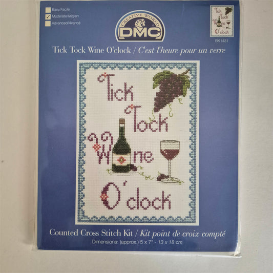 Tick Tock Wine O'clock, Cross Stitch pattern, DIY Kit, DMC
