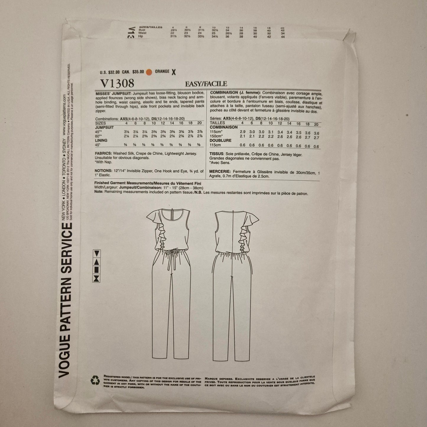 Vogue V1308 DKNY jumpsuit pattern. Sizes 4 - 12