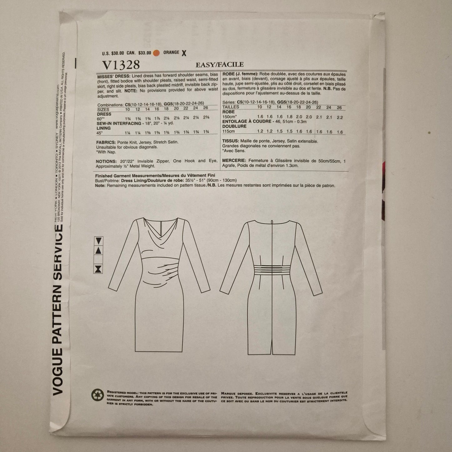 Vogue V1328, dress pattern, sizes 10 to 18