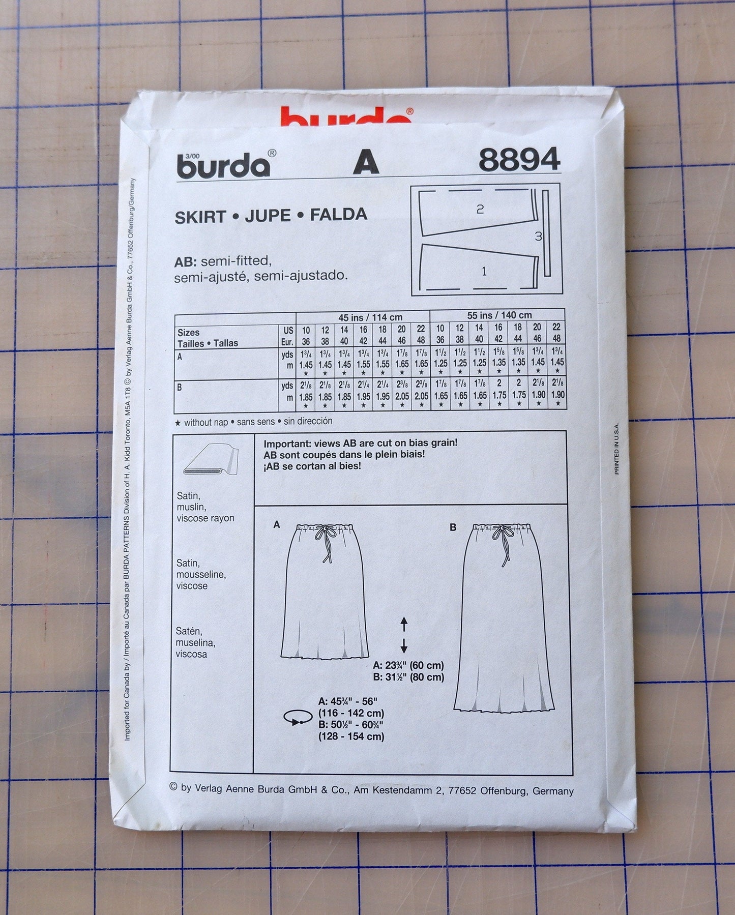 Burda 8894 , semi-fitted skirt pattern, Sizes 10 - 22