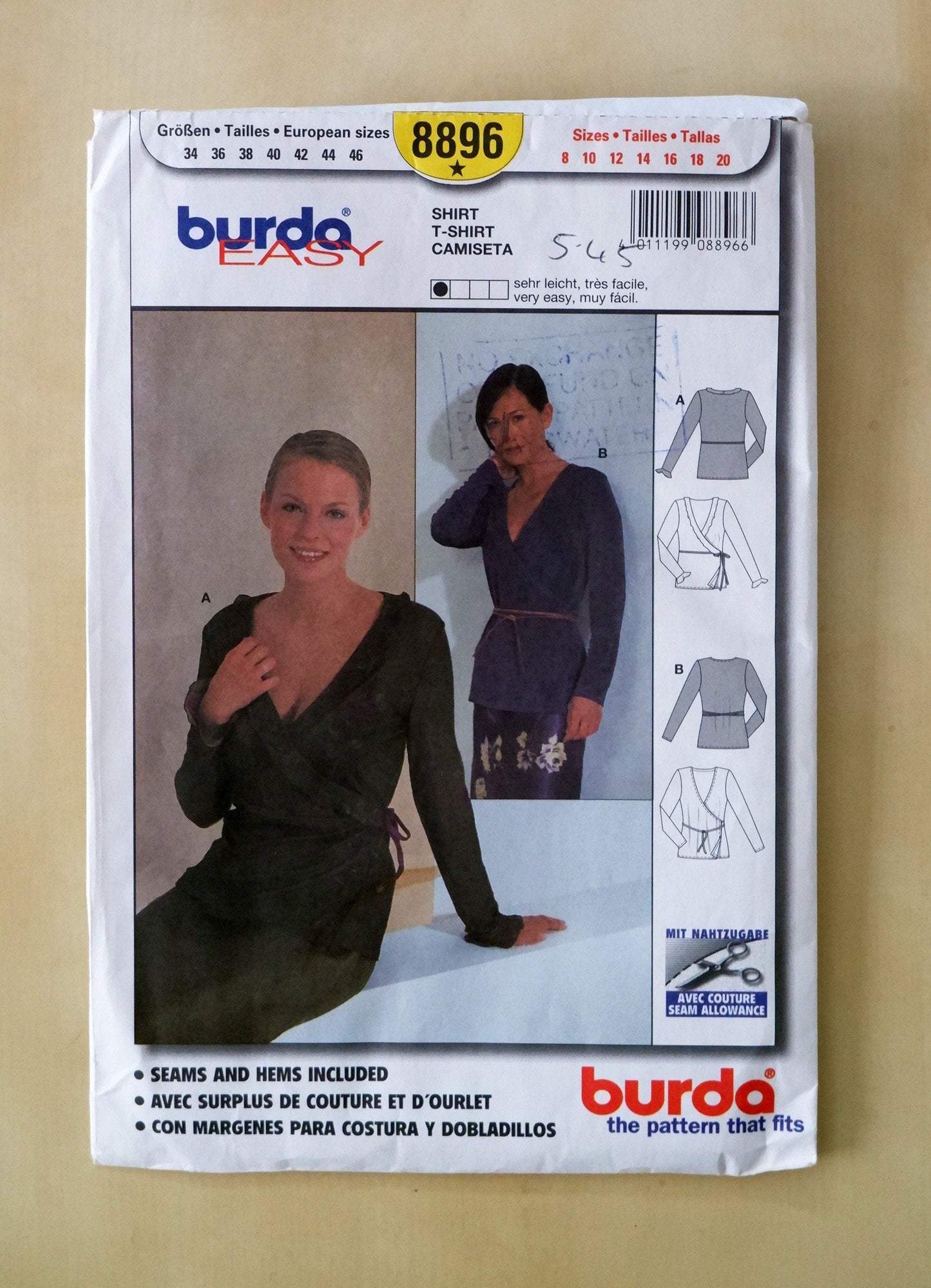 Burda 8896, women's shirt pattern, Sizes 8 - 20
