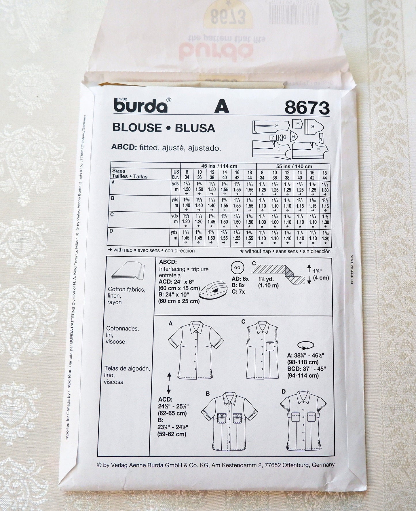 Burda 8673, womens blouse patterns, size 8 - 18
