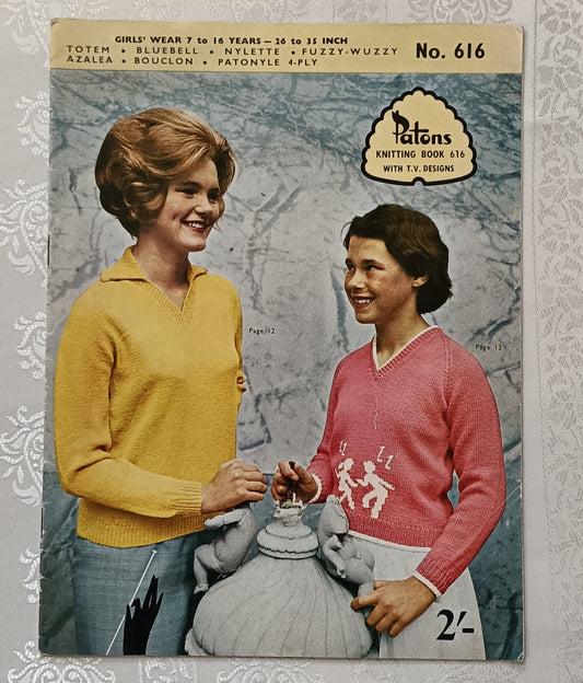 Patons knitting book 616 knitting patterns for girls 7 - 16, coat, jumpers and cardigans.