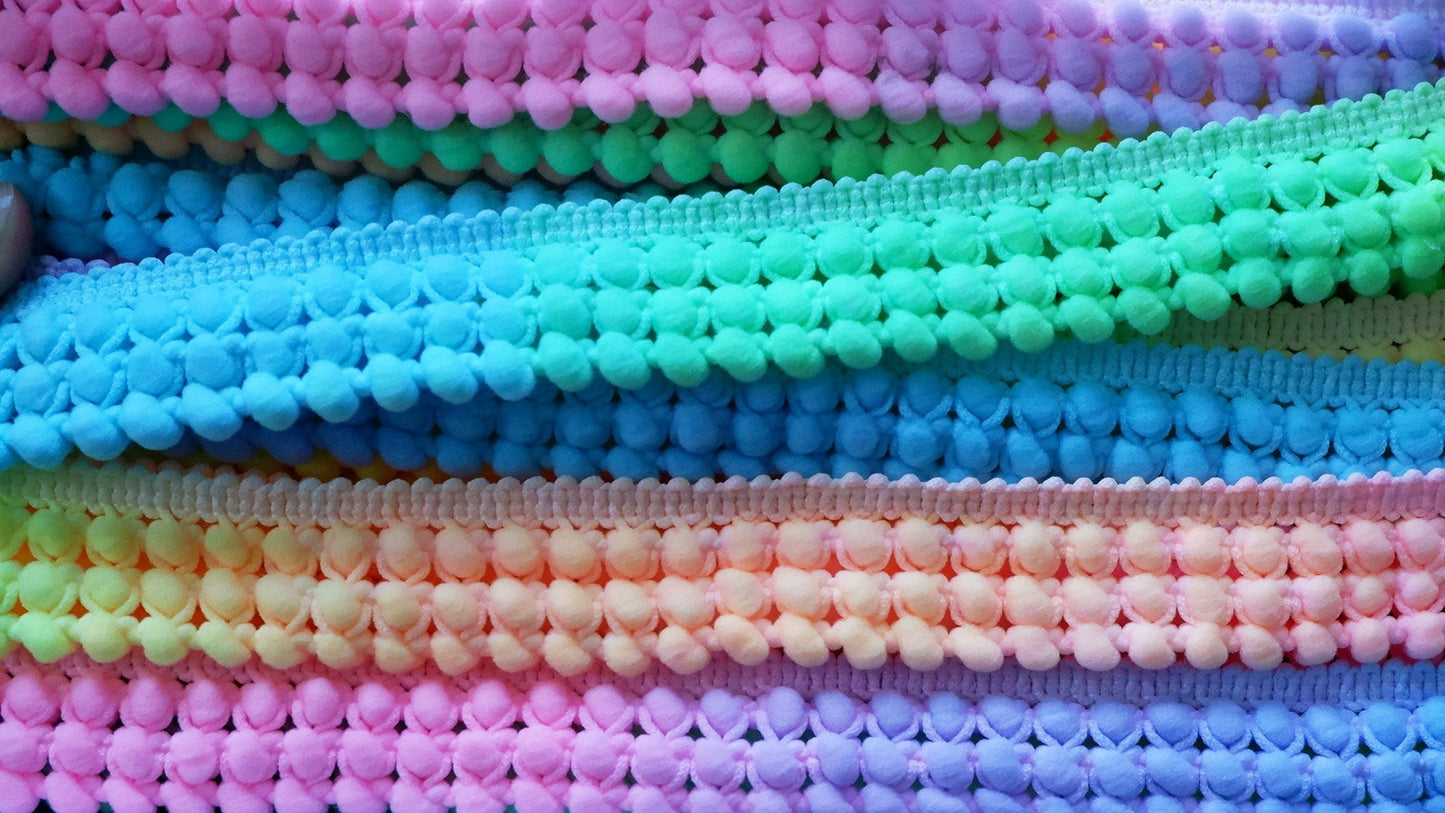 Rainbow Pom Pom Trim, Three tier 25mm Trim