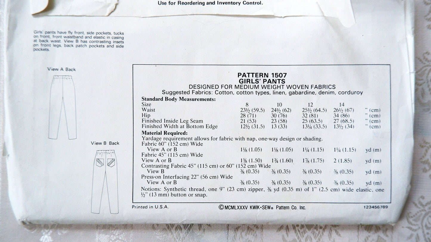 Kwik Sew 1507 girls pants pattern Sizes 8 - 14