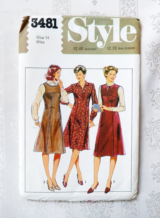 Style 3481, dress and pinafore pattern, Size 14, 1980s