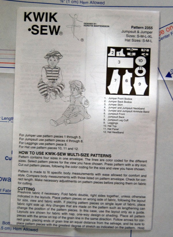 Kwik Sew 2355 Baby jumper jumpsuit leggings and hat pattern Size S - XL