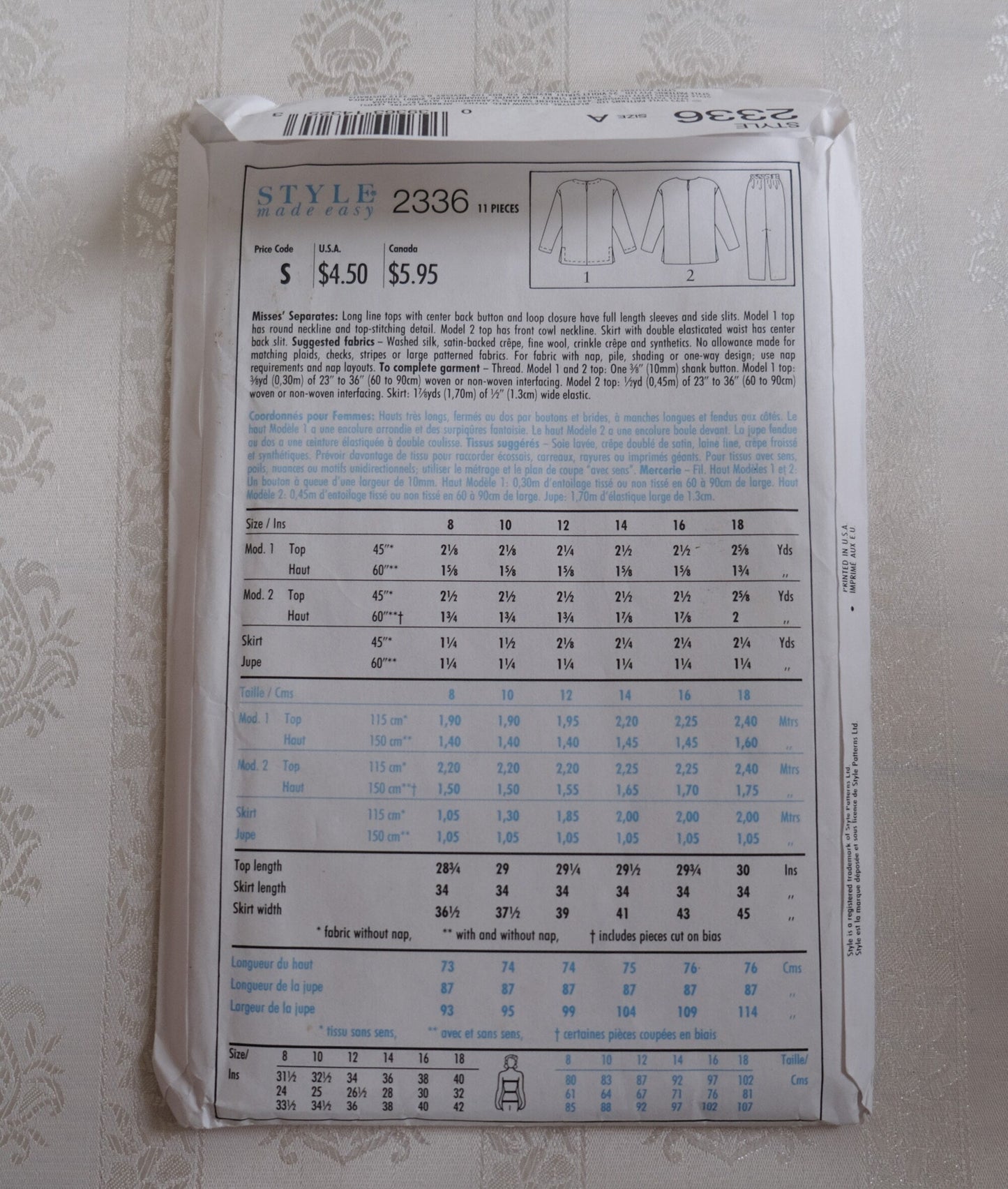 Style 2336, Misses top and pants pattern, Size 8 - 18