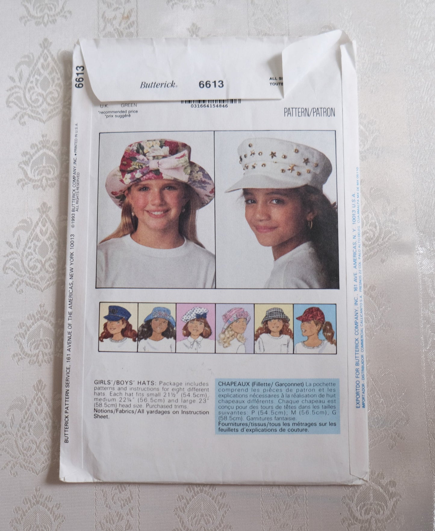 Butterick 6613, girls and boys hats pattern, sizes S - L