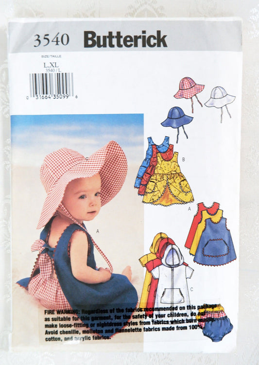 Butterick 3540, infant cover-up, dress, panties and hat pattern. Sizes L - XL