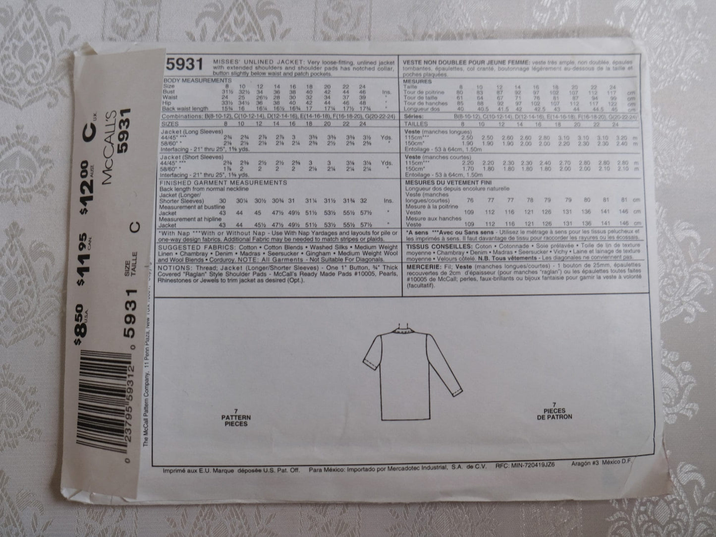 McCall's 5931, unlined jacket pattern, Sizes 10 - 14