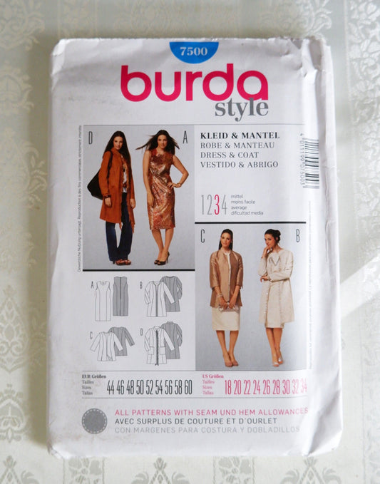 Burda 7500 dress and coat pattern, Sizes 18 to 34