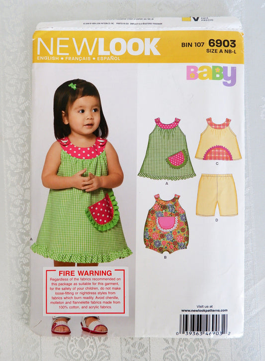 Sizes newborn - large, babies dress romper top and pants pattern, New Look 6903