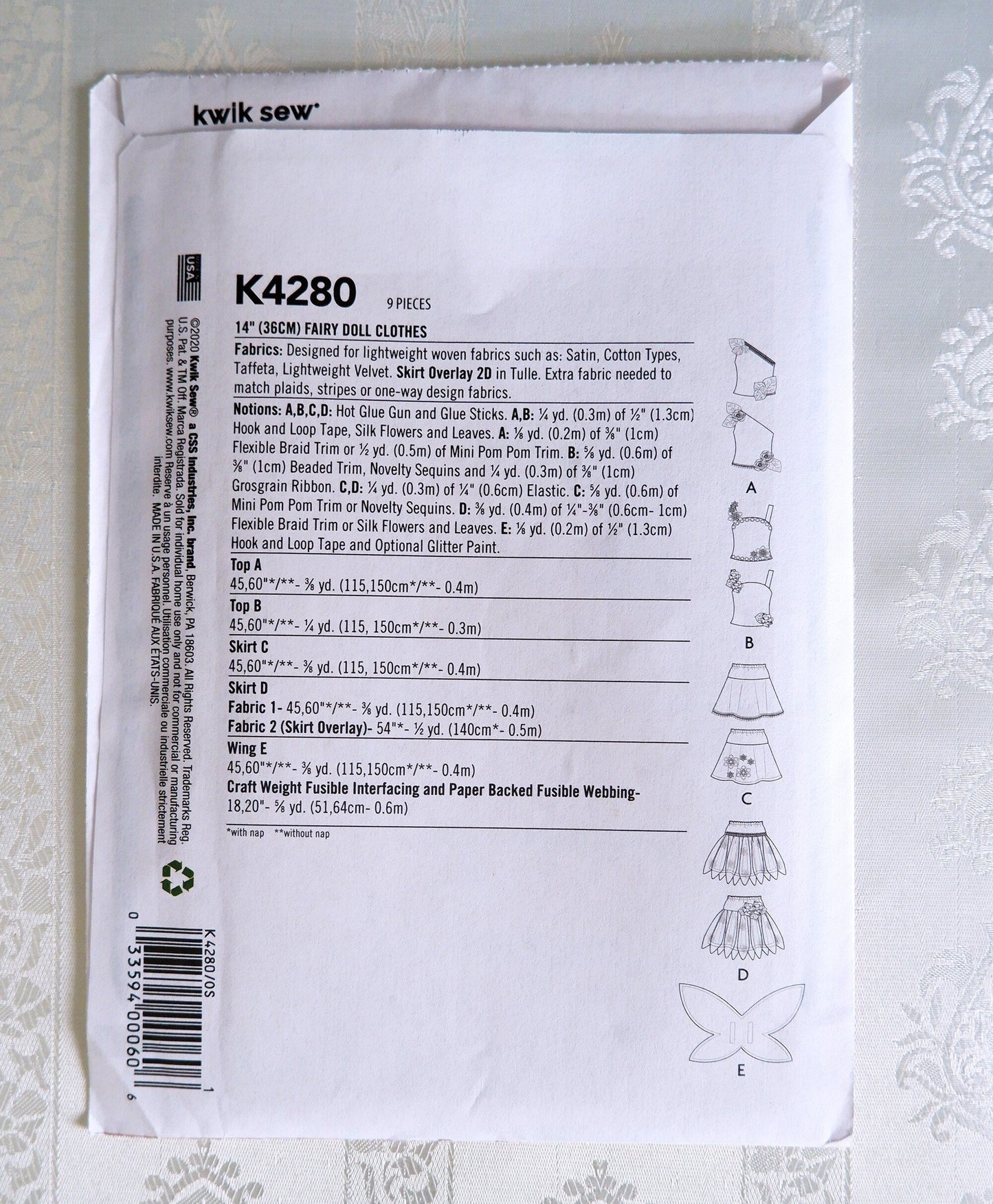 Kwik Sew K4280, fairy costumes pattern for 14 inch / 36cm dolls