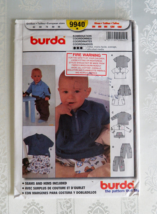 Burda 9940, Baby tops pants and shorts pattern, Size 3 Months - 18 Months