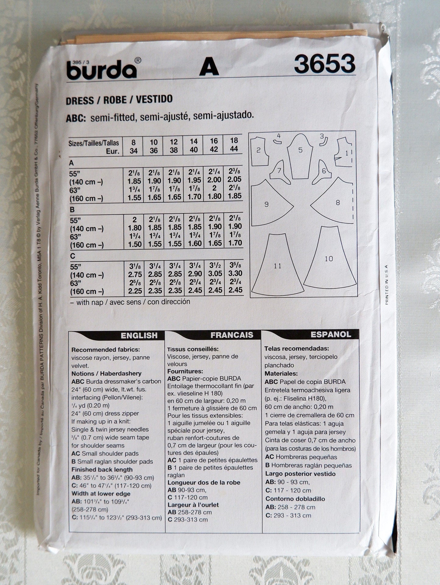 Burda 3653 dress pattern, sizes 8 to 18