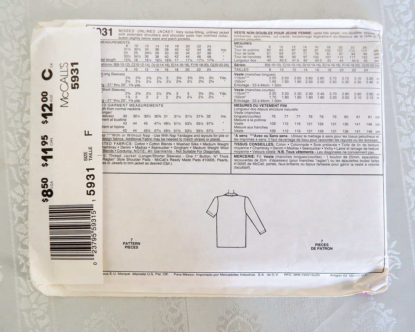 McCall's 5931, unlined jacket pattern, Sizes 16 - 20