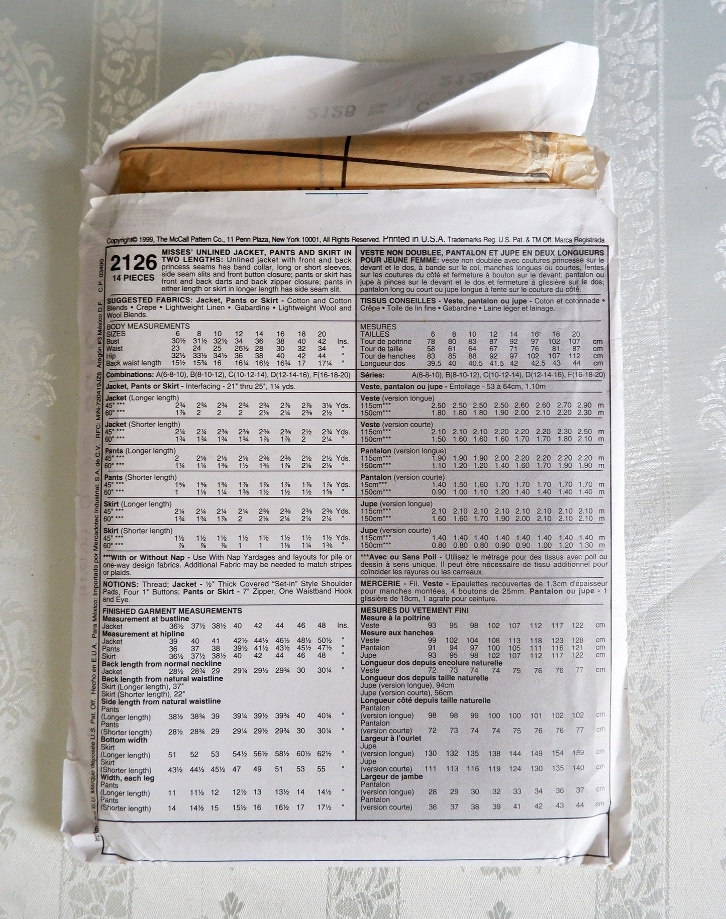 McCall's 2126, unlined jacket pants and skirt pattern, Sizes 10 - 14
