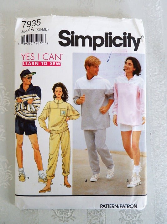 Simplicity 7935, women's men's and boys Knit Pants or Shorts and Top pattern, sizes XS - MD